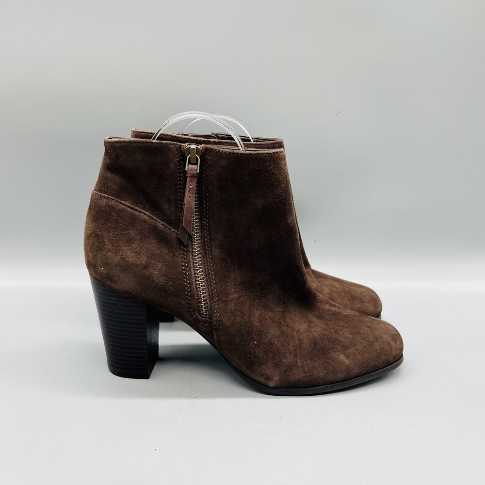Cole Haan Boots Women 8.5 Brown Suede Grand OS Ankle Zip Block Heel Bootie Shoes